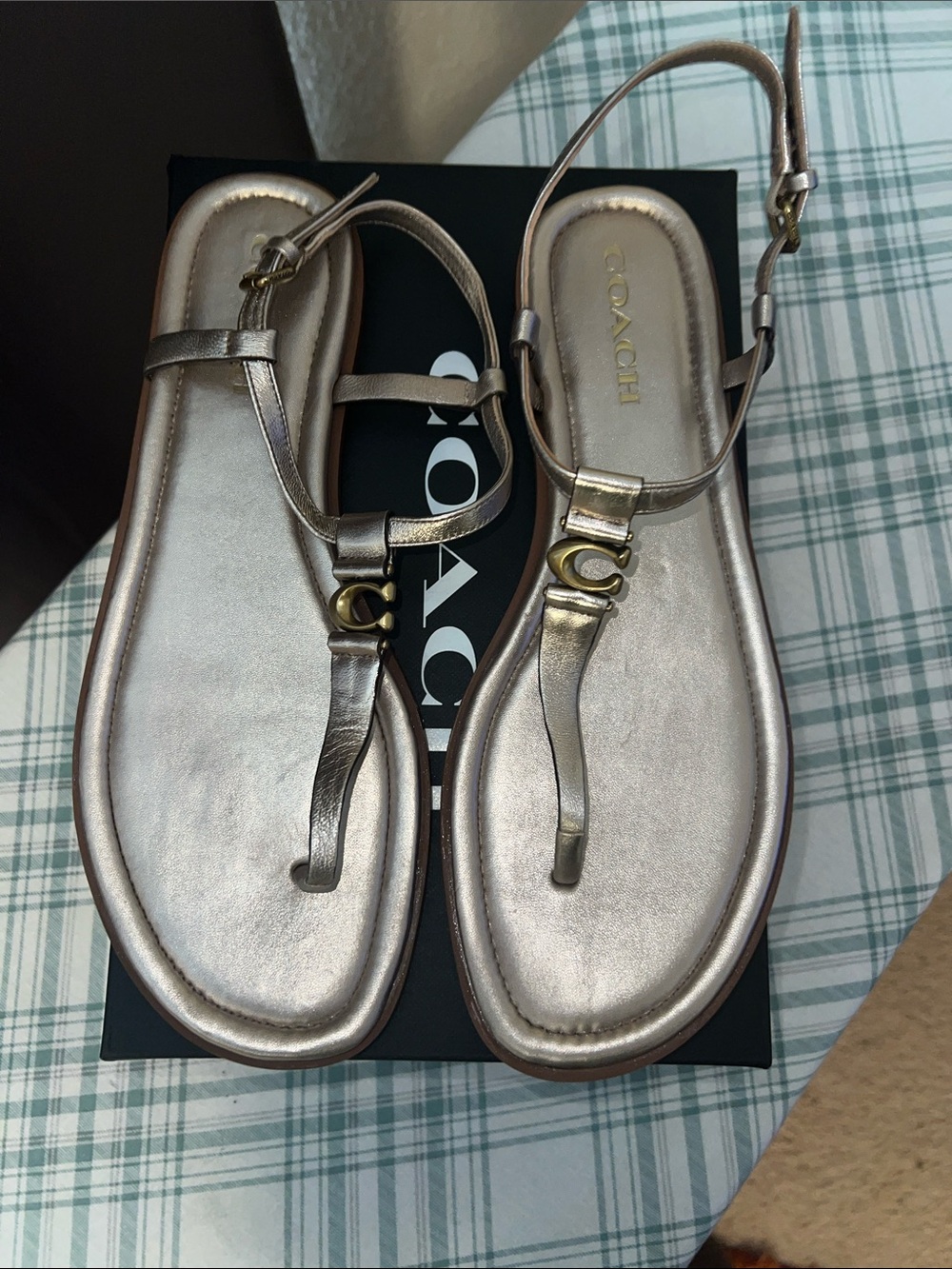 Coach Metallic Champagne Leather T-Strap Sandals - Picture 2 of 5